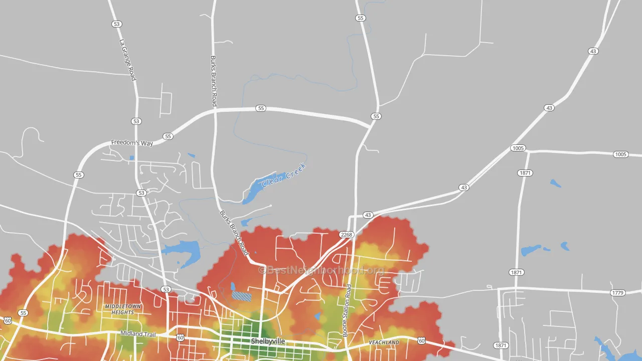 Walk Grade map of Montclair, KY, walkable areas in green and car-dependent areas in red
