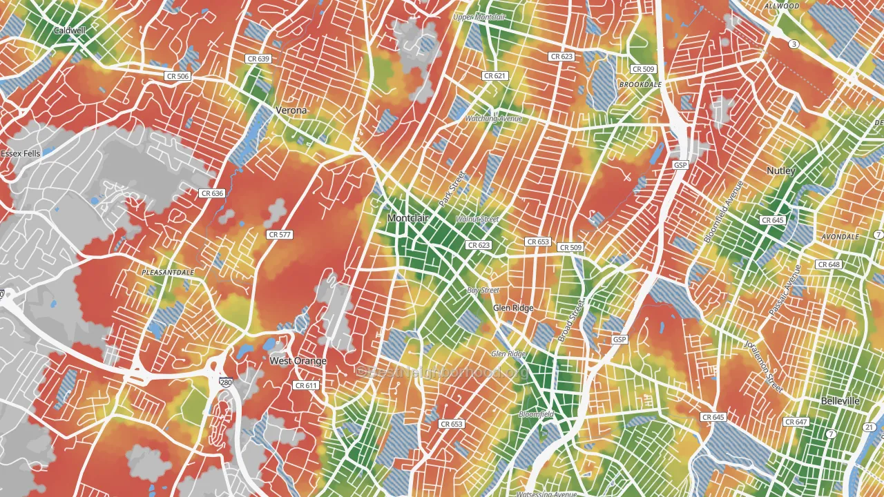 Walk Grade map of Montclair, NJ, walkable areas in green and car-dependent areas in red
