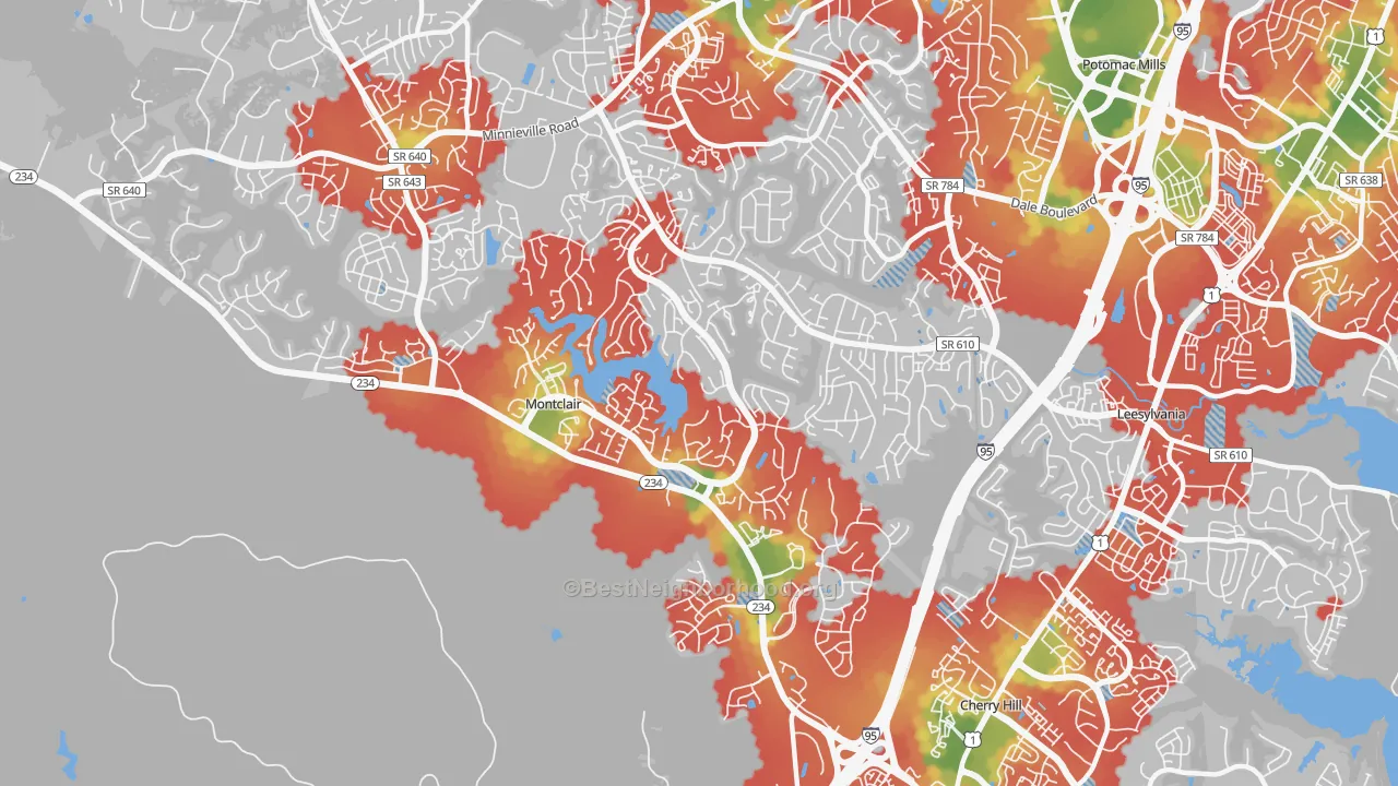Walk Grade map of Montclair, VA, walkable areas in green and car-dependent areas in red