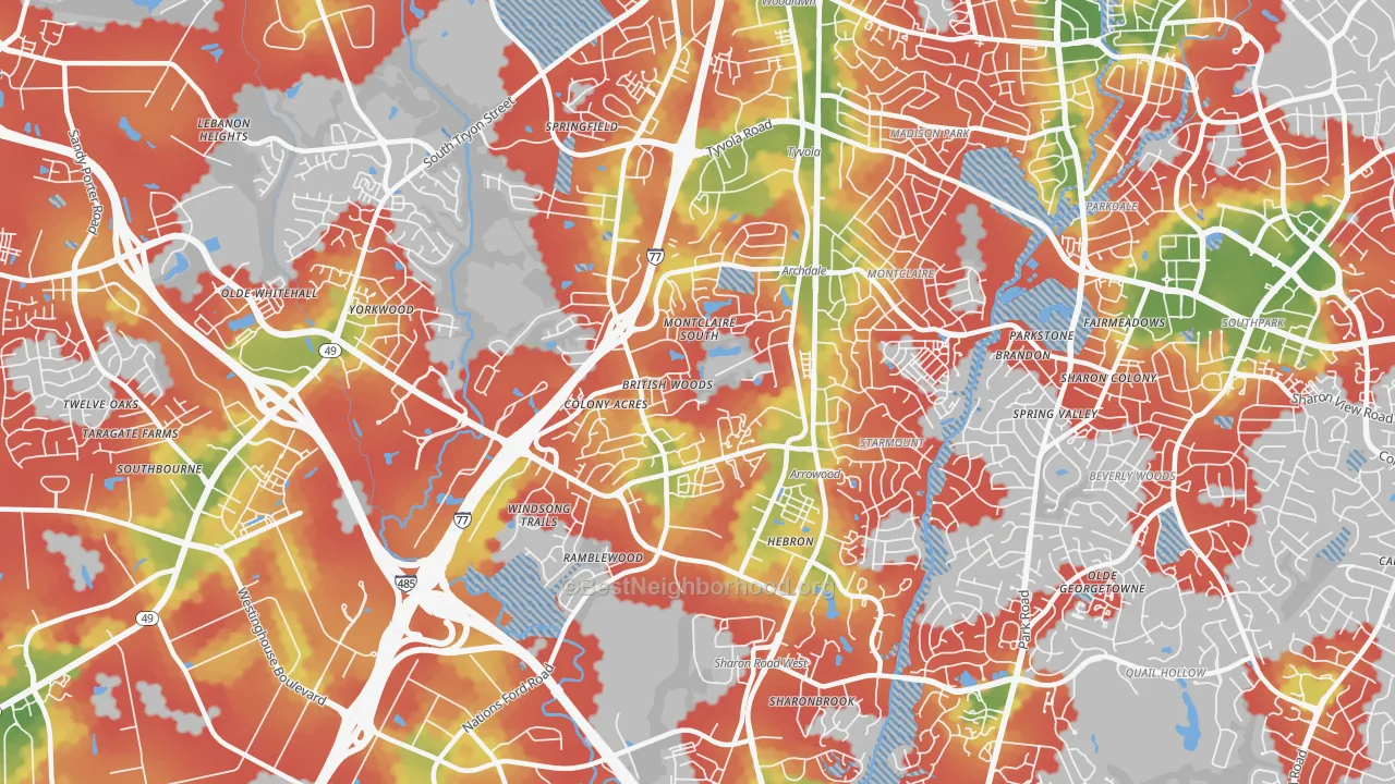 Walk Grade map of Montclaire South, Charlotte, NC, walkable areas in green and car-dependent areas in red