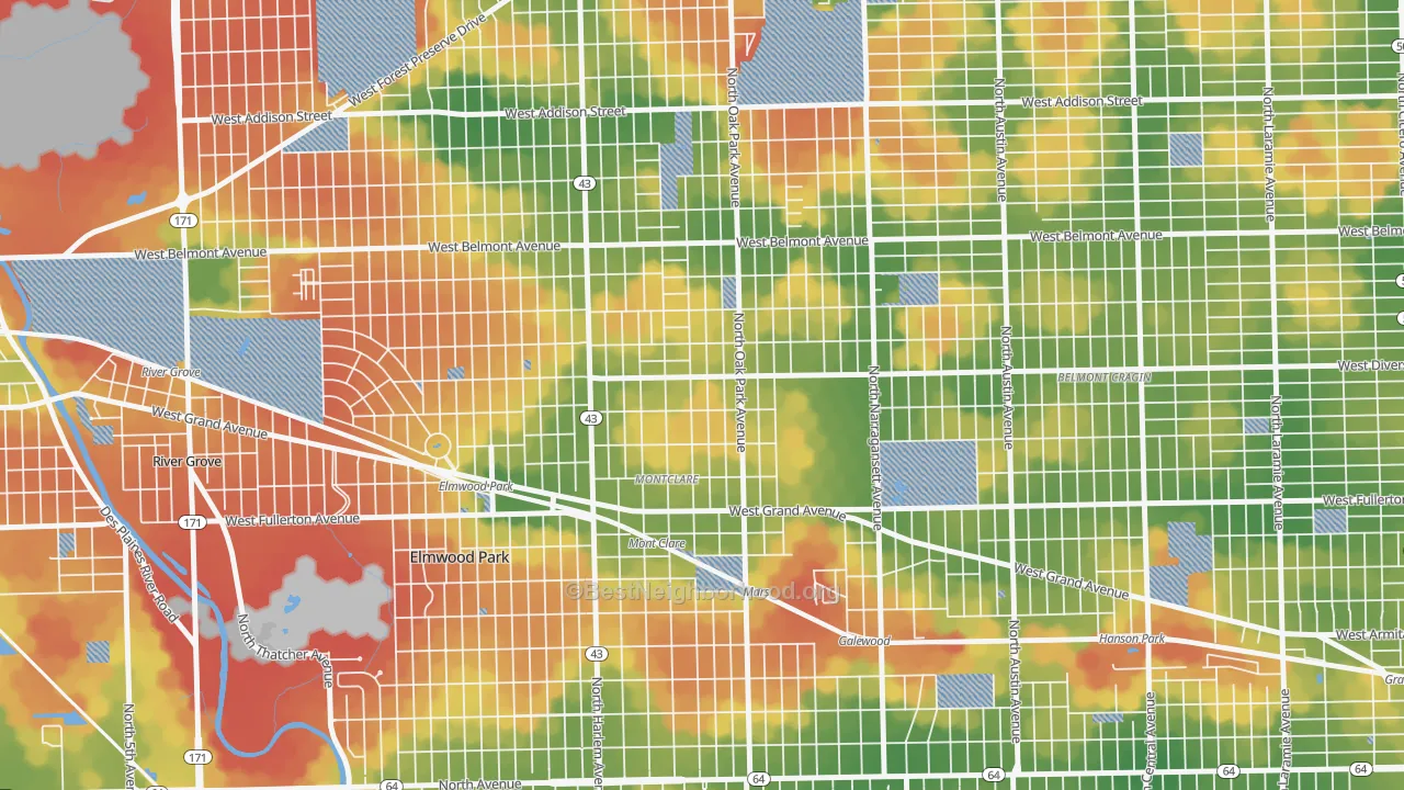 Walk Grade map of Montclare, Elmwood Park, IL, walkable areas in green and car-dependent areas in red