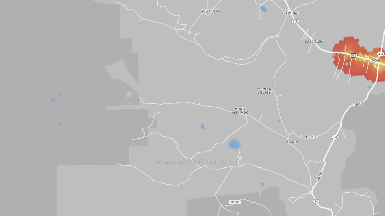 Walk Grade map of Monte Aplanado, NM, walkable areas in green and car-dependent areas in red