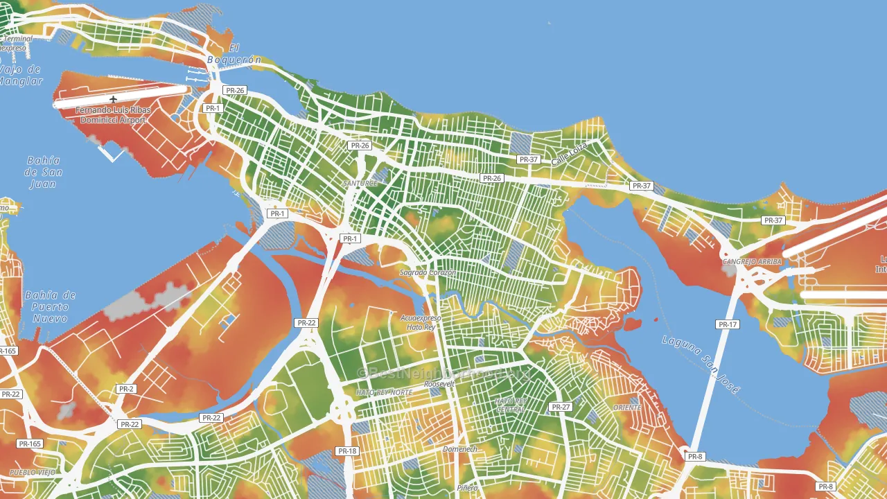 Walk Grade map of Monte Flores, San Juan, PR, walkable areas in green and car-dependent areas in red