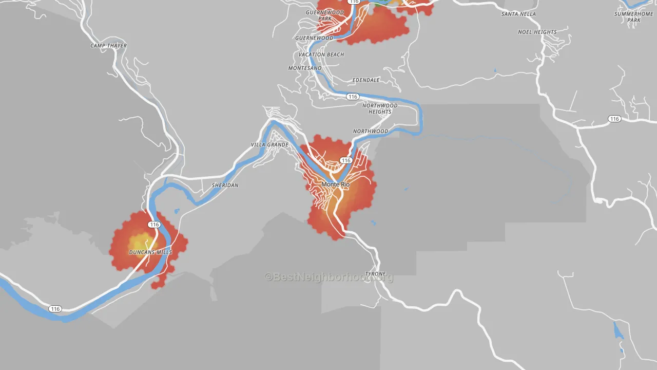 Walk Grade map of Monte Rio, CA, walkable areas in green and car-dependent areas in red