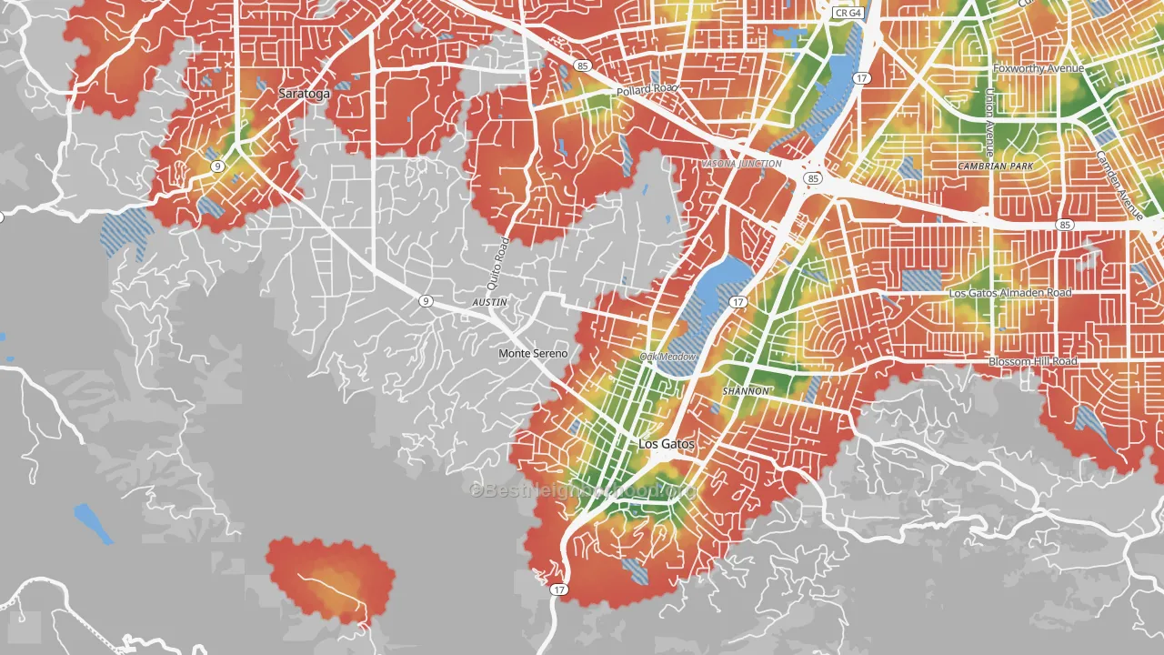 Walk Grade map of Monte Sereno, CA, walkable areas in green and car-dependent areas in red