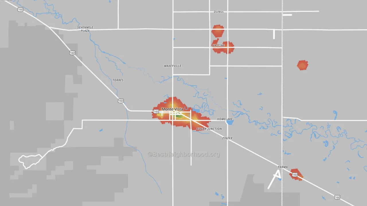 Walk Grade map of Monte Vista, CO, walkable areas in green and car-dependent areas in red