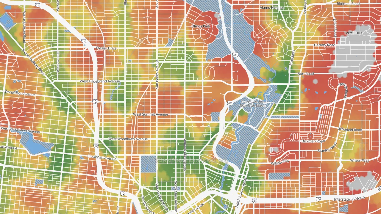 Walk Grade map of Monte Vista, San Antonio, TX, walkable areas in green and car-dependent areas in red