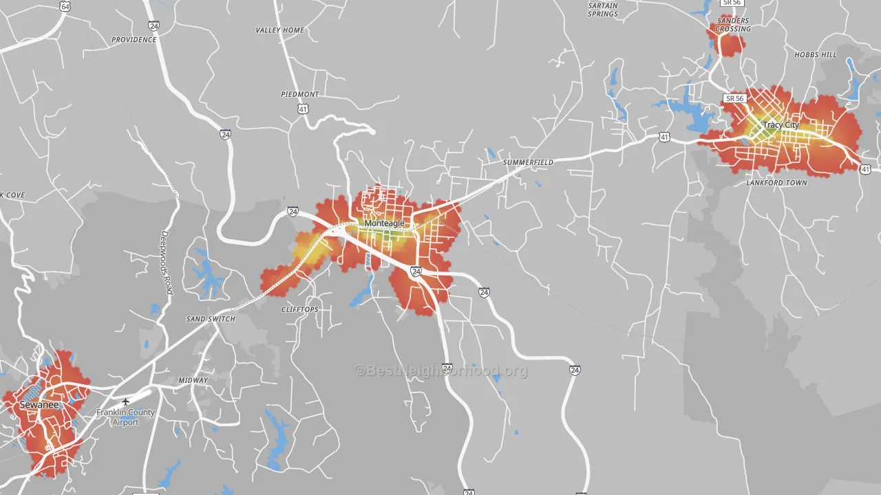 Walk Grade map of Monteagle, TN, walkable areas in green and car-dependent areas in red