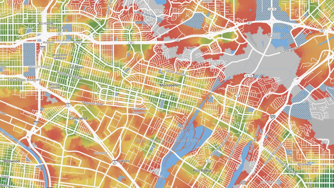 Walk Grade map of Montebello, CA, walkable areas in green and car-dependent areas in red