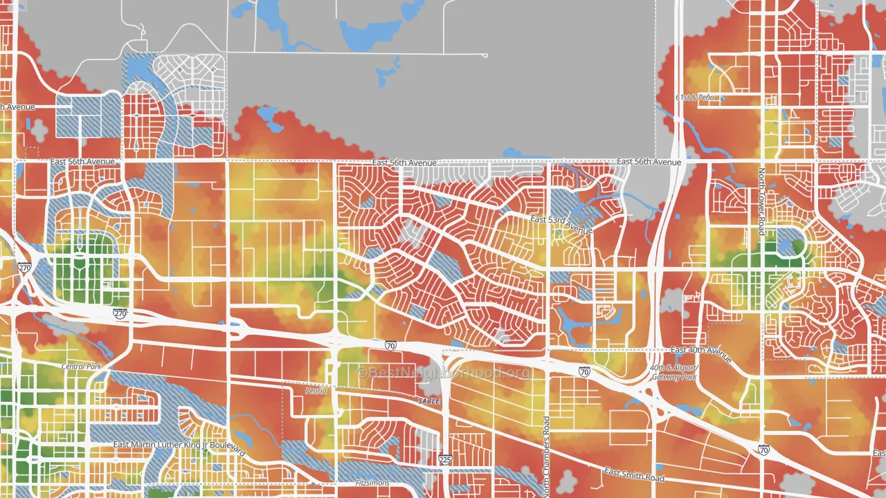 Walk Grade map of Montebello, Denver, CO, walkable areas in green and car-dependent areas in red