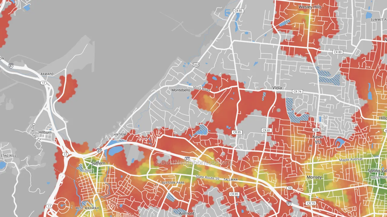 Walk Grade map of Montebello, NY, walkable areas in green and car-dependent areas in red