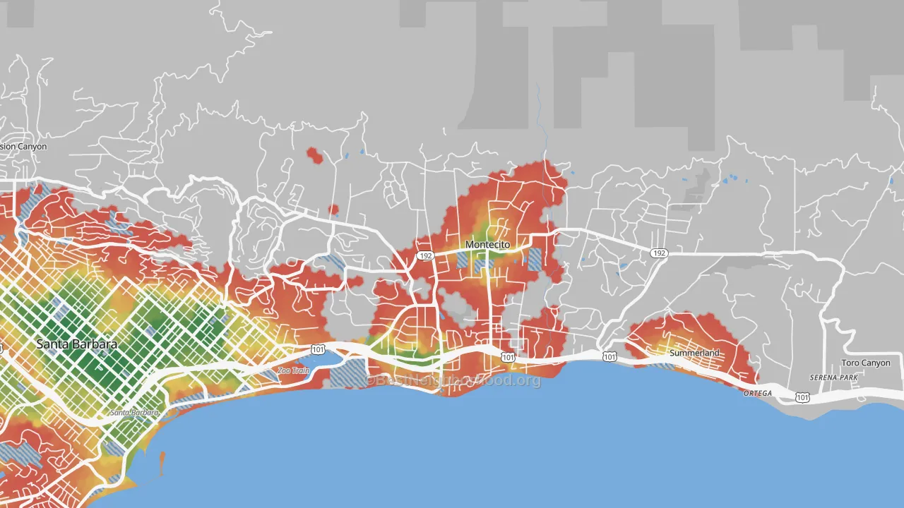 Walk Grade map of Montecito, CA, walkable areas in green and car-dependent areas in red