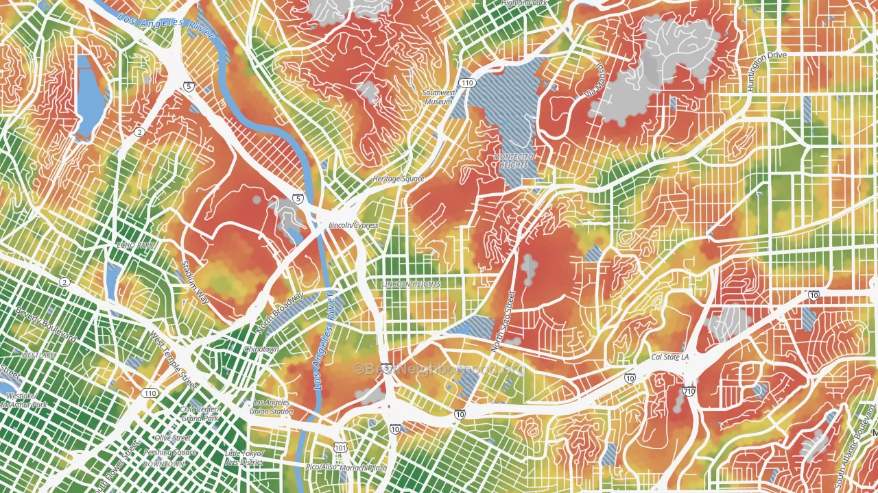 Walk Grade map of Montecito Heights, Los Angeles, CA, walkable areas in green and car-dependent areas in red