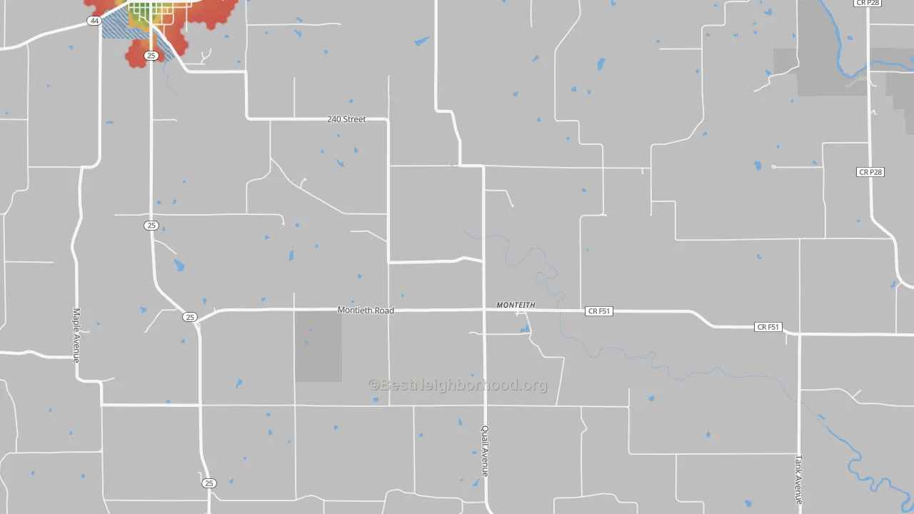 Walk Grade map of Monteith, IA, walkable areas in green and car-dependent areas in red
