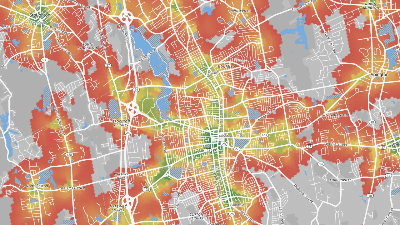 Walk Grade map of Montello, Brockton, MA, walkable areas in green and car-dependent areas in red