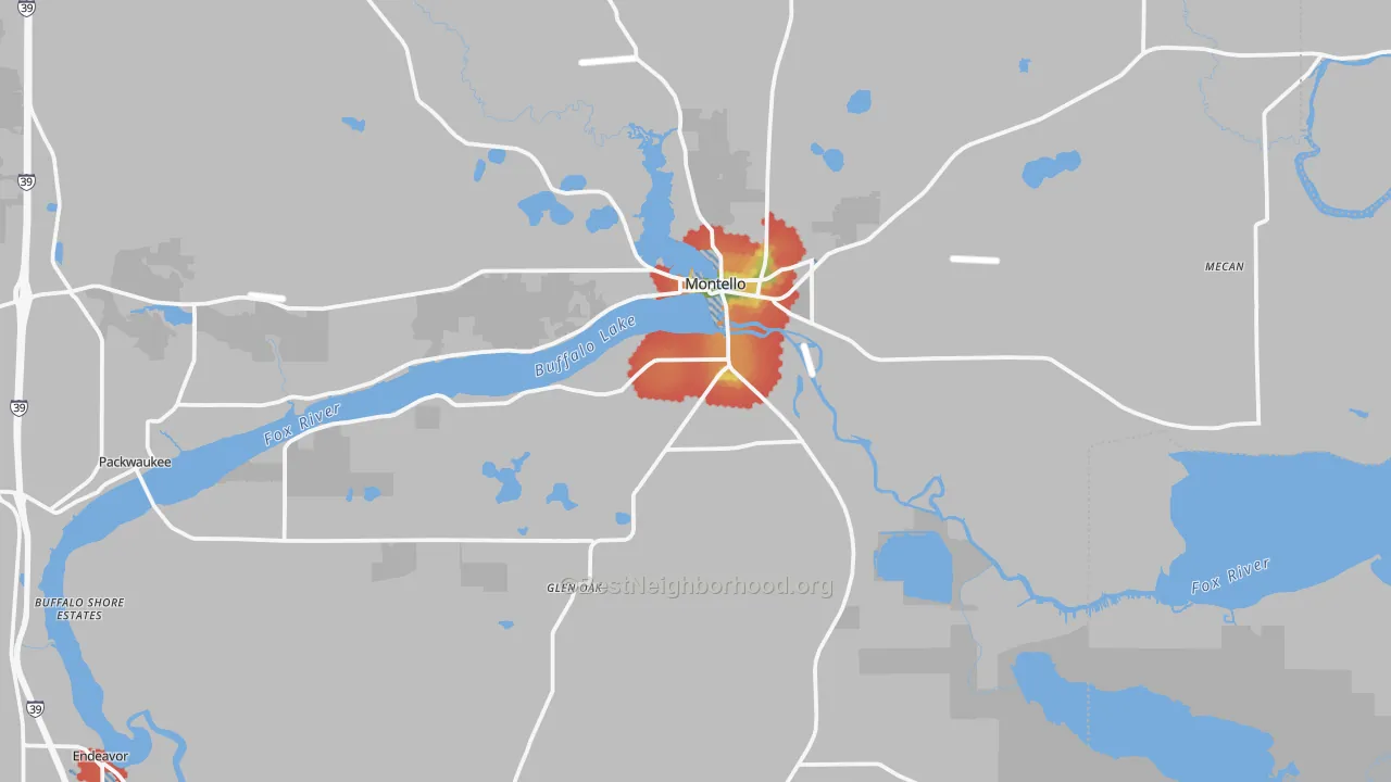 Walk Grade map of Montello, WI, walkable areas in green and car-dependent areas in red