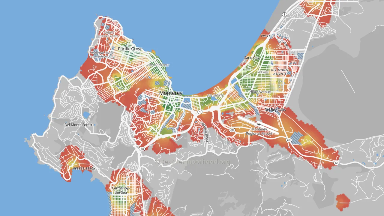 Walk Grade map of Monterey, CA, walkable areas in green and car-dependent areas in red
