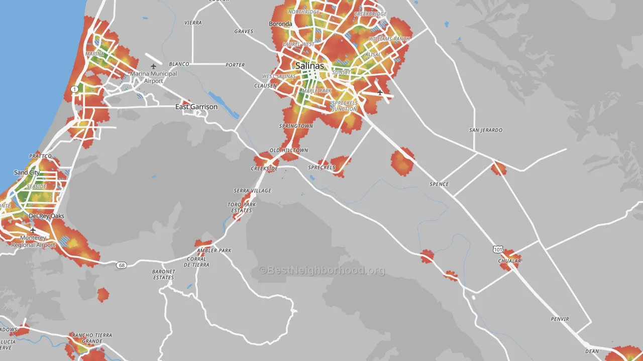 Walk Grade map of Monterey County, CA, walkable areas in green and car-dependent areas in red