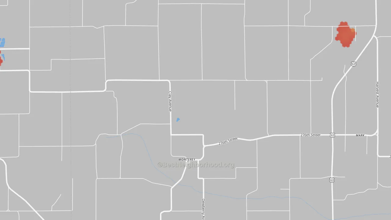 Walk Grade map of Monterey, IA, walkable areas in green and car-dependent areas in red