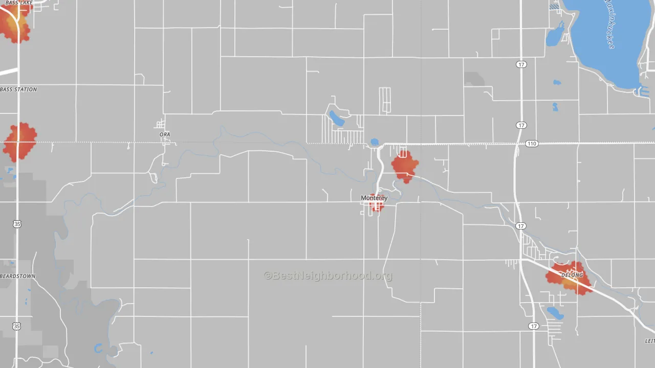 Walk Grade map of Monterey, IN, walkable areas in green and car-dependent areas in red