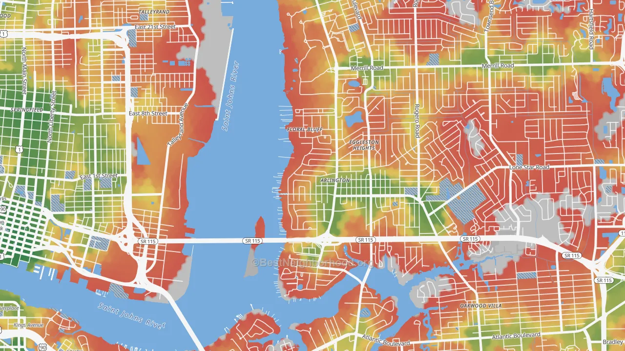 Walk Grade map of Monterey, Jacksonville, FL, walkable areas in green and car-dependent areas in red