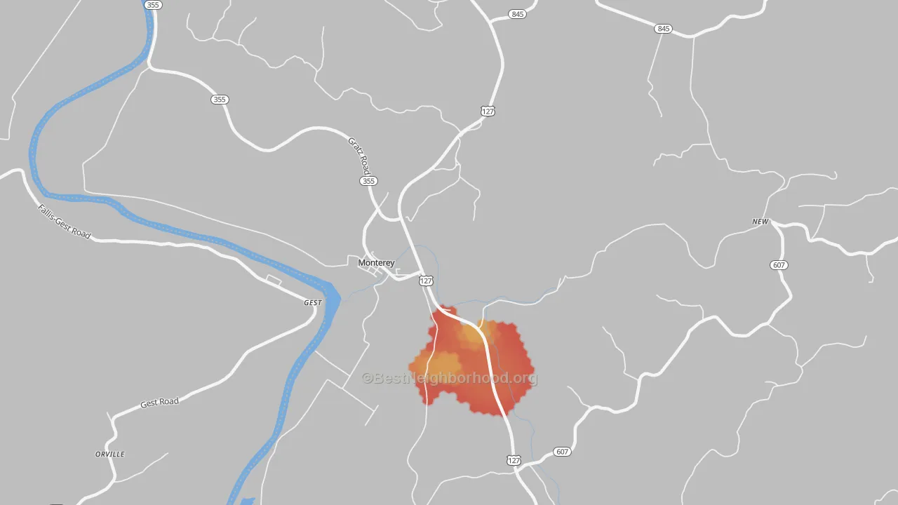 Walk Grade map of Monterey, KY, walkable areas in green and car-dependent areas in red