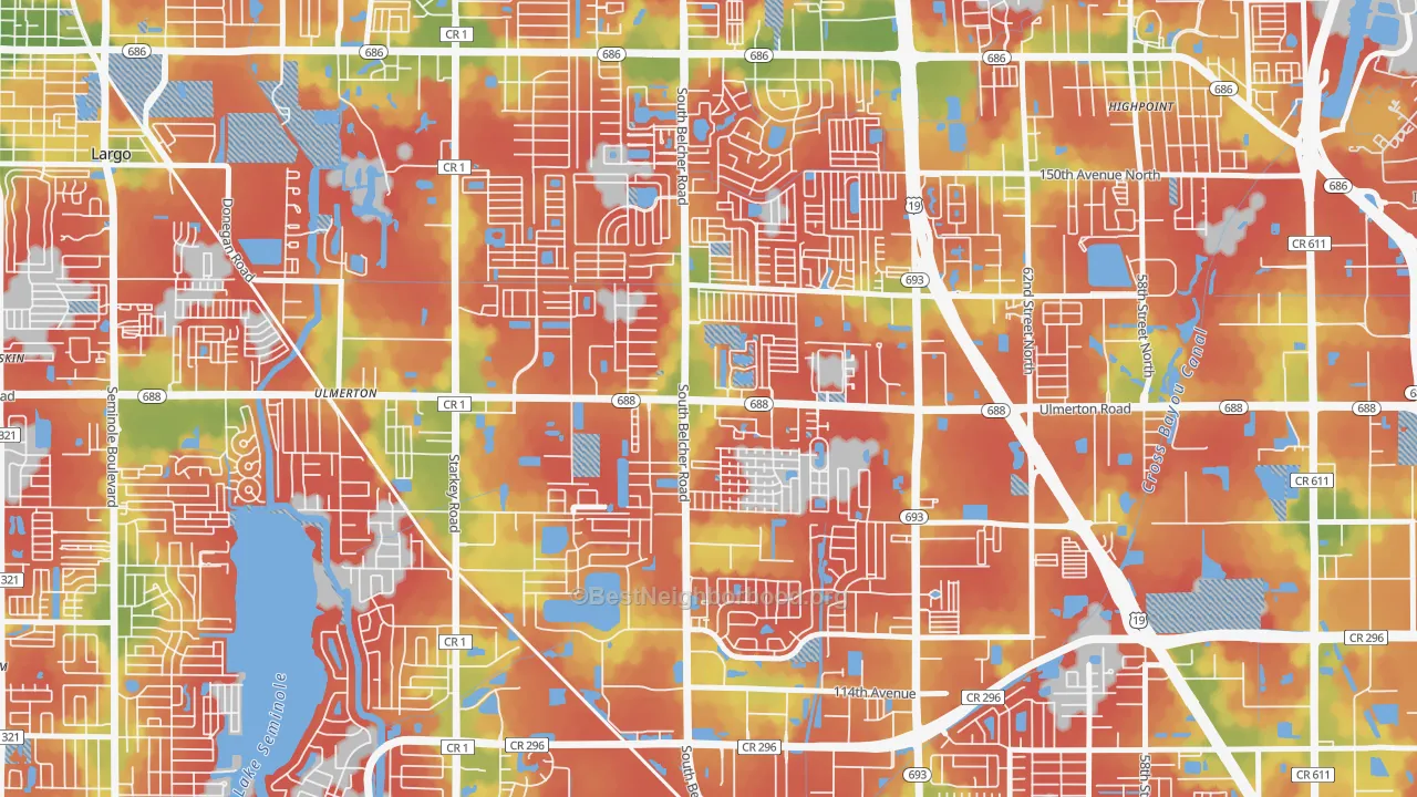 Walk Grade map of Monterey Lakes, Largo, FL, walkable areas in green and car-dependent areas in red
