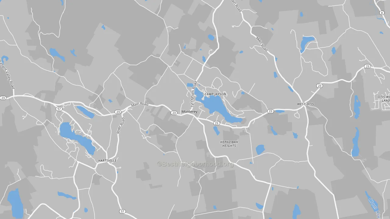 Walk Grade map of Monterey, MA, walkable areas in green and car-dependent areas in red