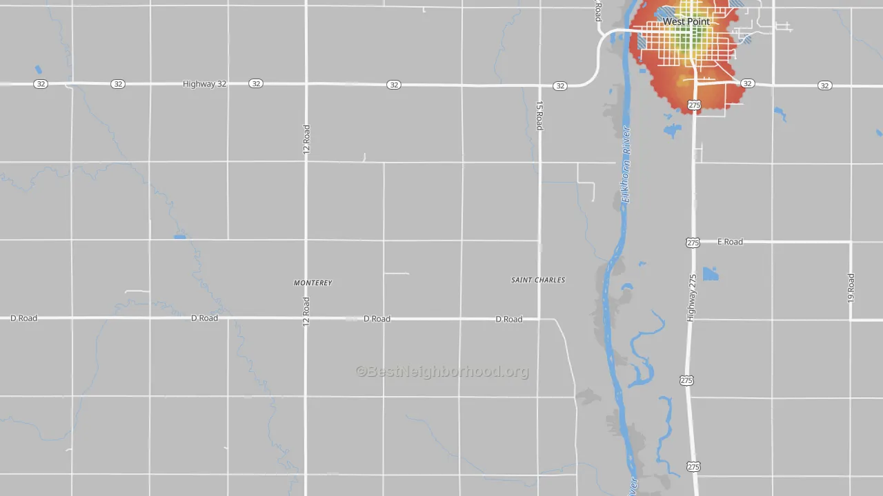 Walk Grade map of Monterey, NE, walkable areas in green and car-dependent areas in red