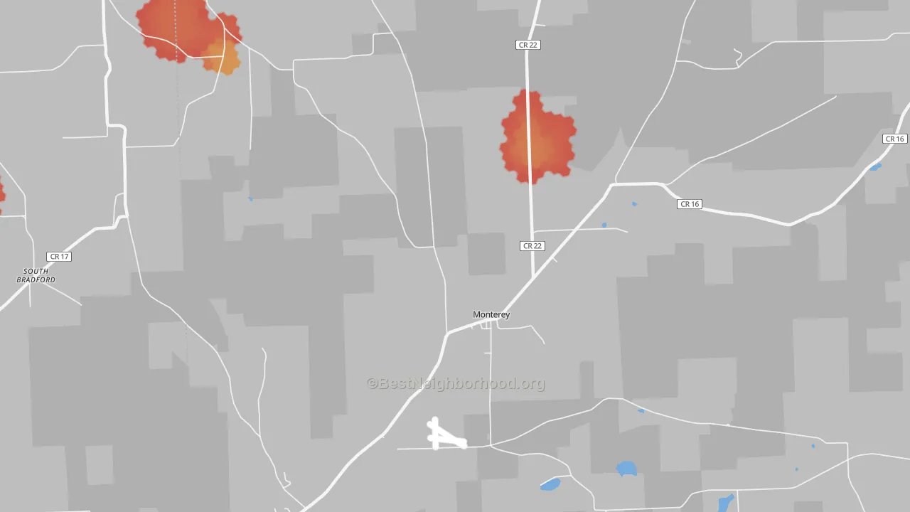 Walk Grade map of Monterey, NY, walkable areas in green and car-dependent areas in red