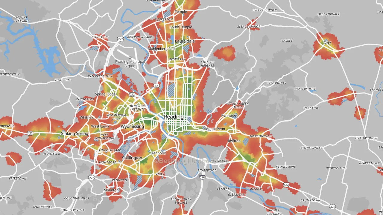 Walk Grade map of Monterey, PA, walkable areas in green and car-dependent areas in red