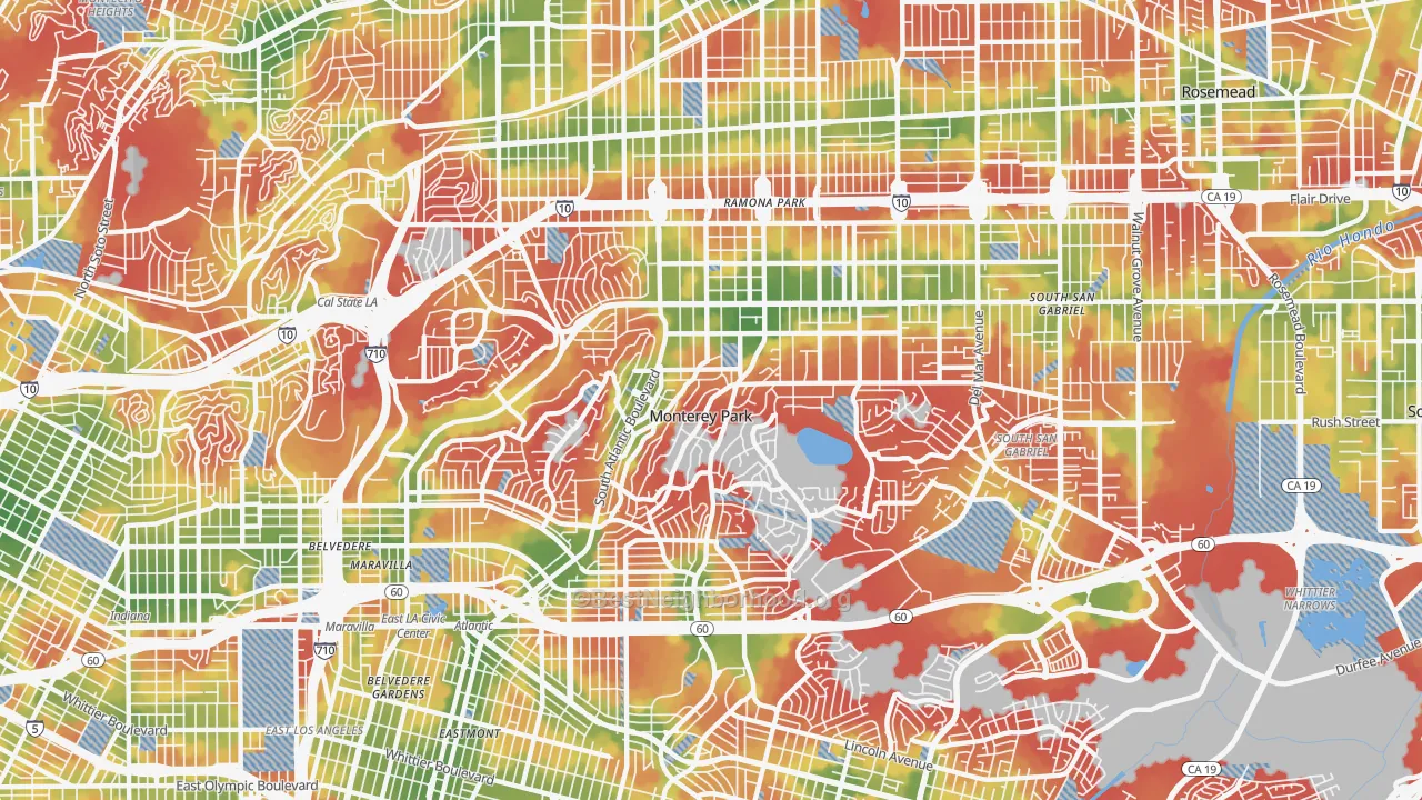 Walk Grade map of Monterey Park, CA, walkable areas in green and car-dependent areas in red