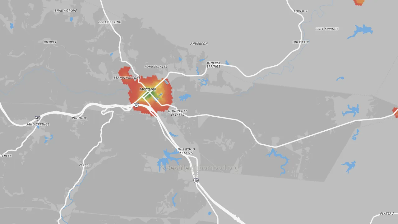 Walk Grade map of Monterey, TN, walkable areas in green and car-dependent areas in red