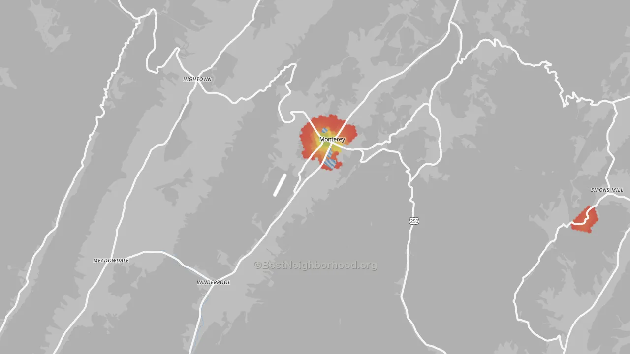 Walk Grade map of Monterey, VA, walkable areas in green and car-dependent areas in red