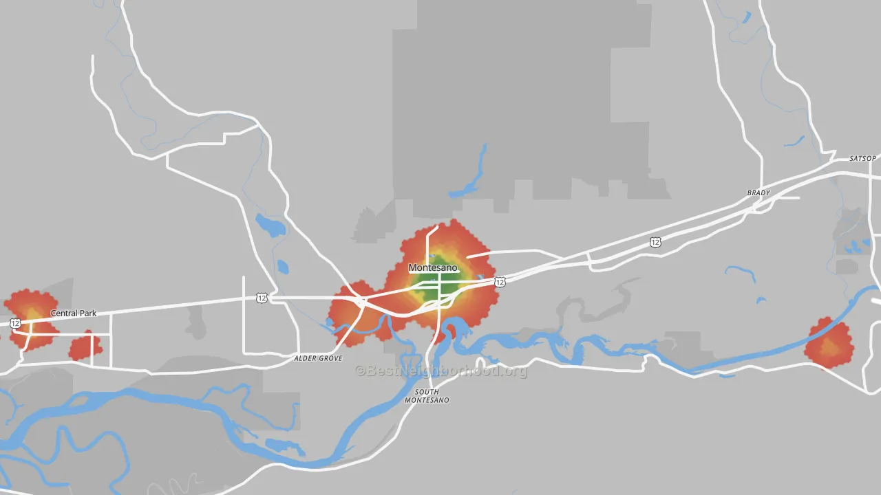 Walk Grade map of Montesano, WA, walkable areas in green and car-dependent areas in red