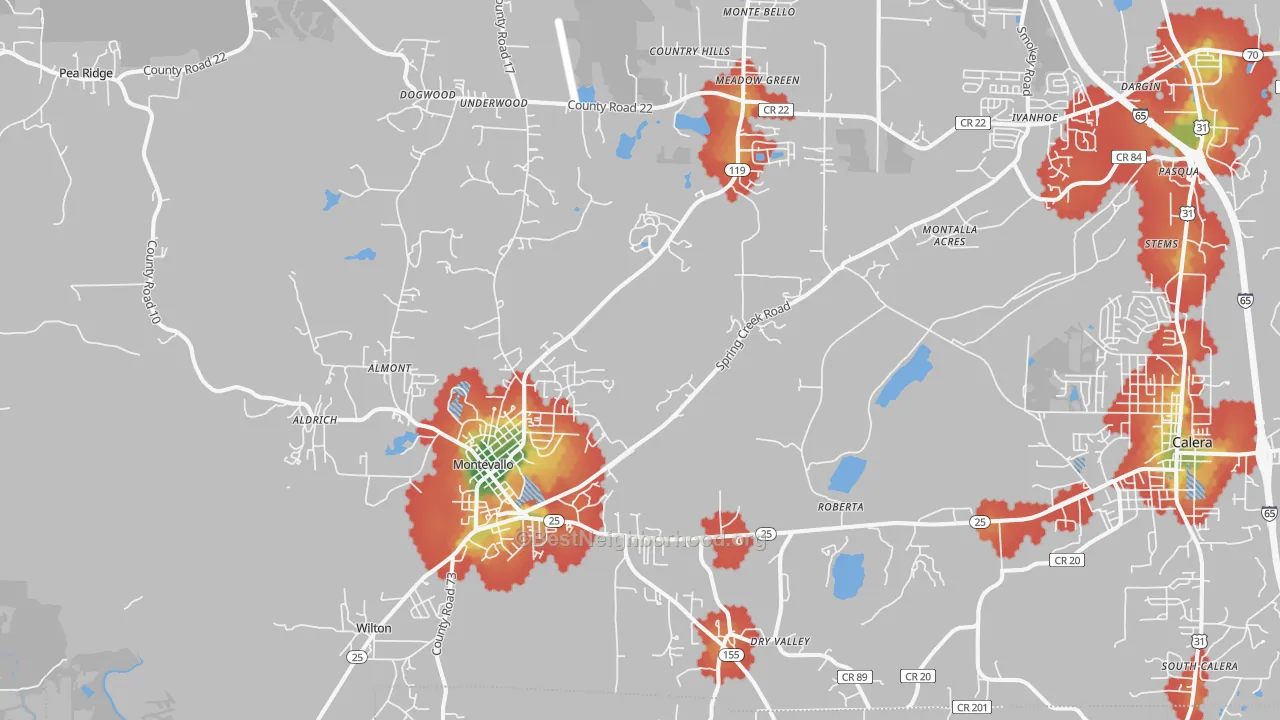 Walk Grade map of Montevallo, AL, walkable areas in green and car-dependent areas in red
