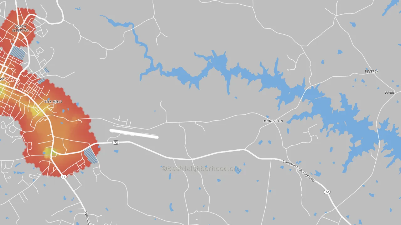 Walk Grade map of Montevideo, GA, walkable areas in green and car-dependent areas in red