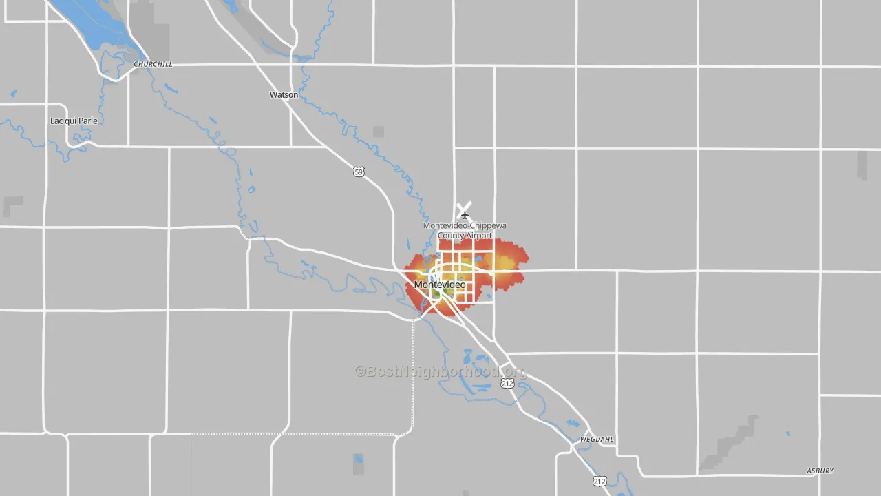 Walk Grade map of Montevideo, MN, walkable areas in green and car-dependent areas in red