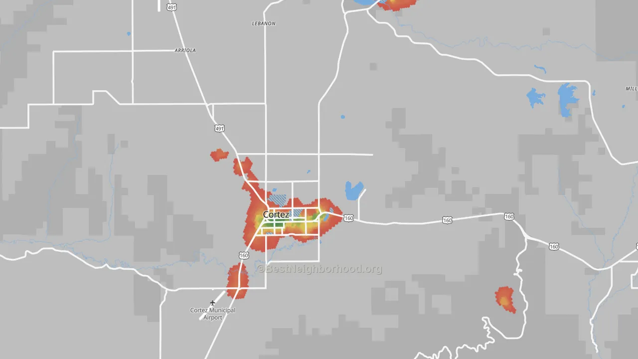 Walk Grade map of Montezuma County, CO, walkable areas in green and car-dependent areas in red