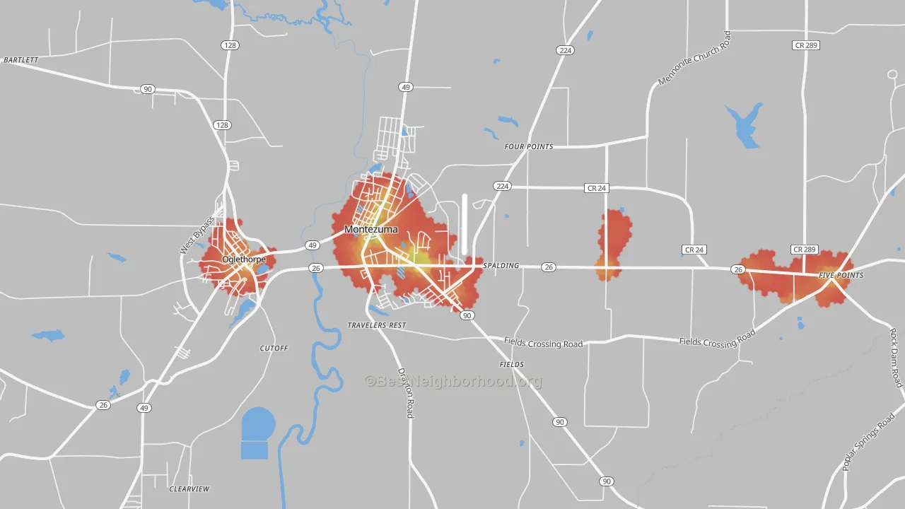 Walk Grade map of Montezuma, GA, walkable areas in green and car-dependent areas in red
