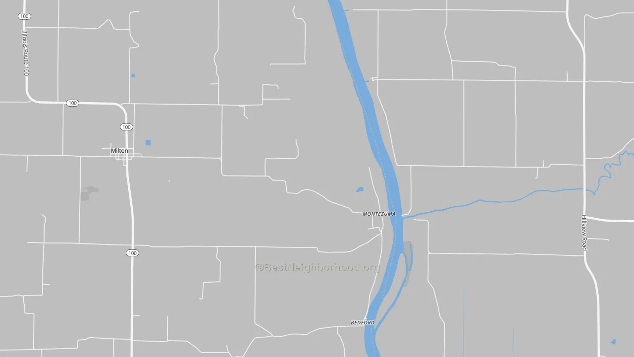 Walk Grade map of Montezuma, IL, walkable areas in green and car-dependent areas in red
