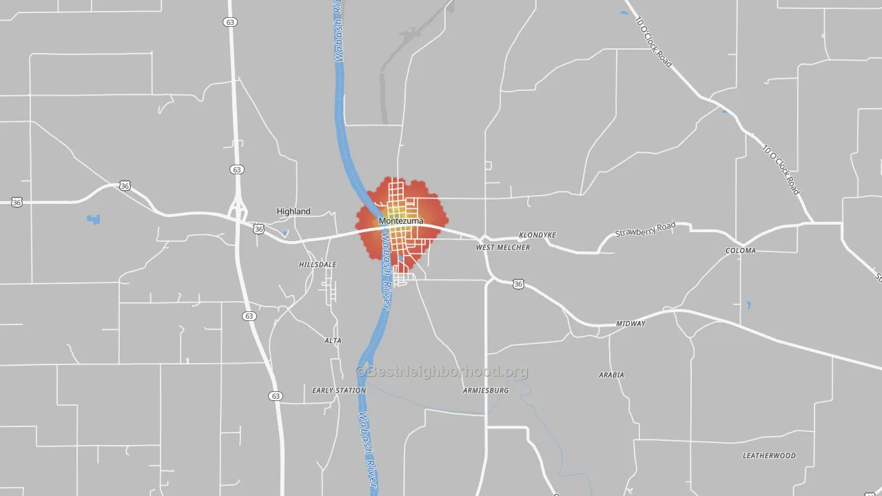 Walk Grade map of Montezuma, IN, walkable areas in green and car-dependent areas in red