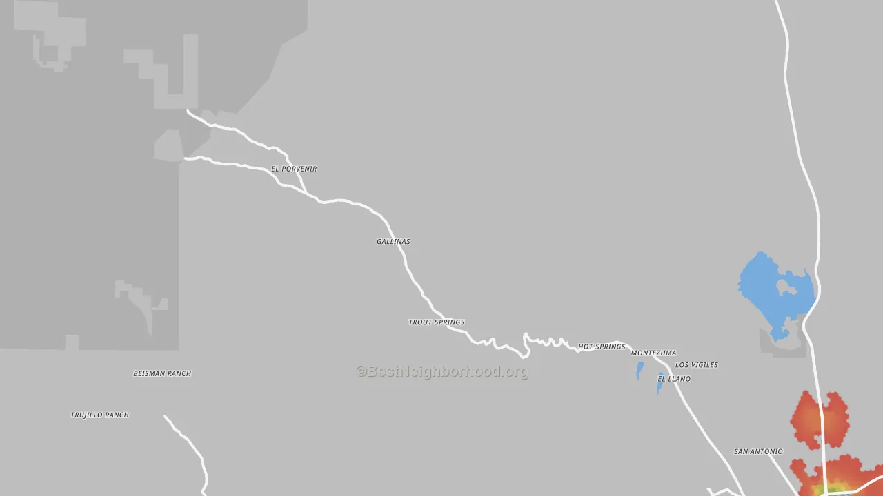 Walk Grade map of Montezuma, NM, walkable areas in green and car-dependent areas in red