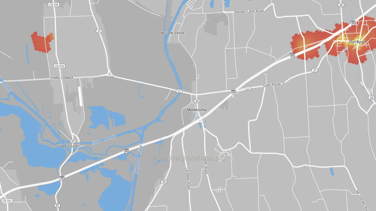 Walk Grade map of Montezuma, NY, walkable areas in green and car-dependent areas in red