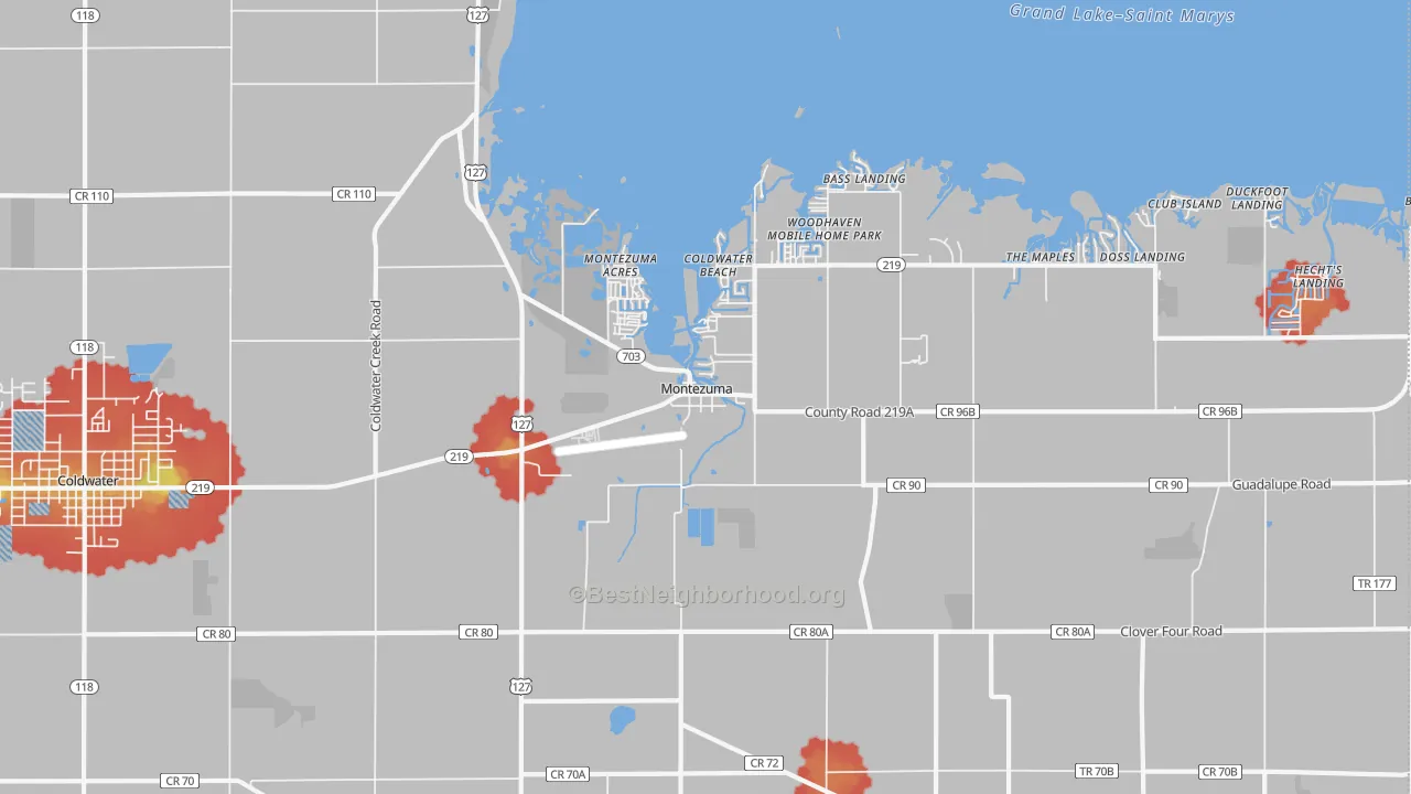 Walk Grade map of Montezuma, OH, walkable areas in green and car-dependent areas in red