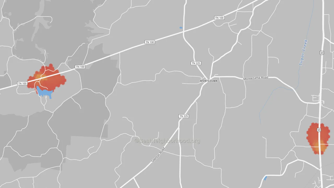 Walk Grade map of Montezuma, TN, walkable areas in green and car-dependent areas in red