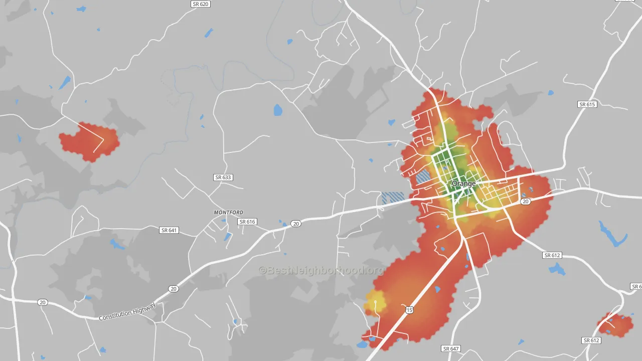 Walk Grade map of Montford, VA, walkable areas in green and car-dependent areas in red