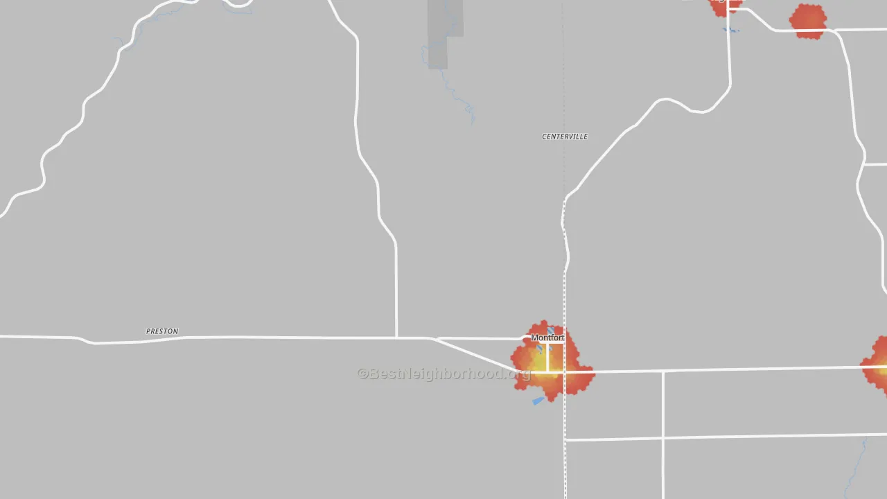 Walk Grade map of Montfort, WI, walkable areas in green and car-dependent areas in red