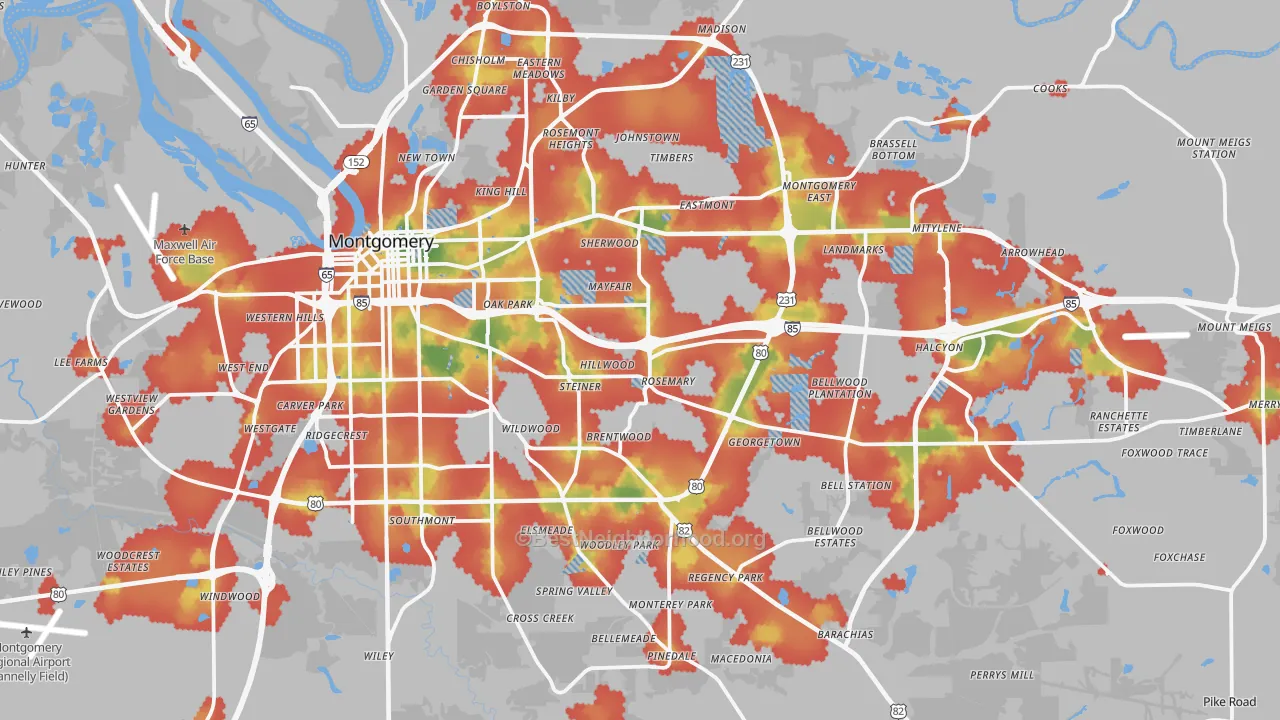 Walk Grade map of Montgomery, AL, walkable areas in green and car-dependent areas in red