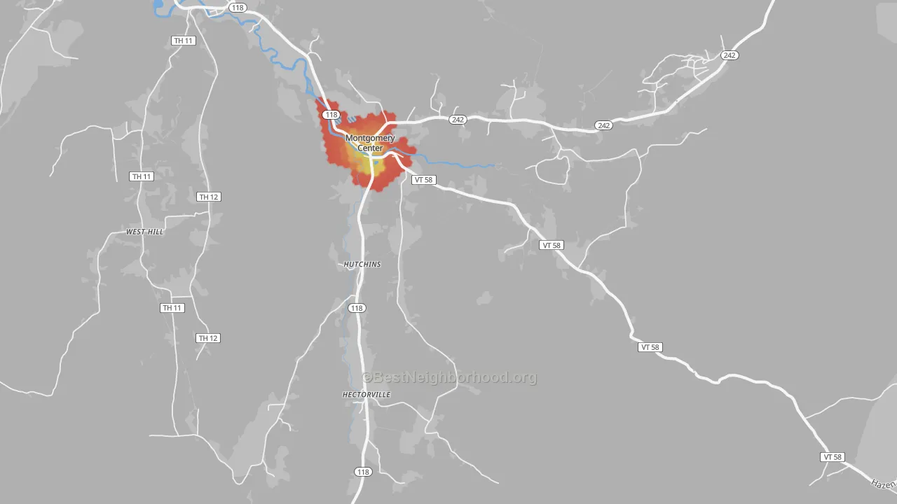 Walk Grade map of Montgomery Center, VT, walkable areas in green and car-dependent areas in red